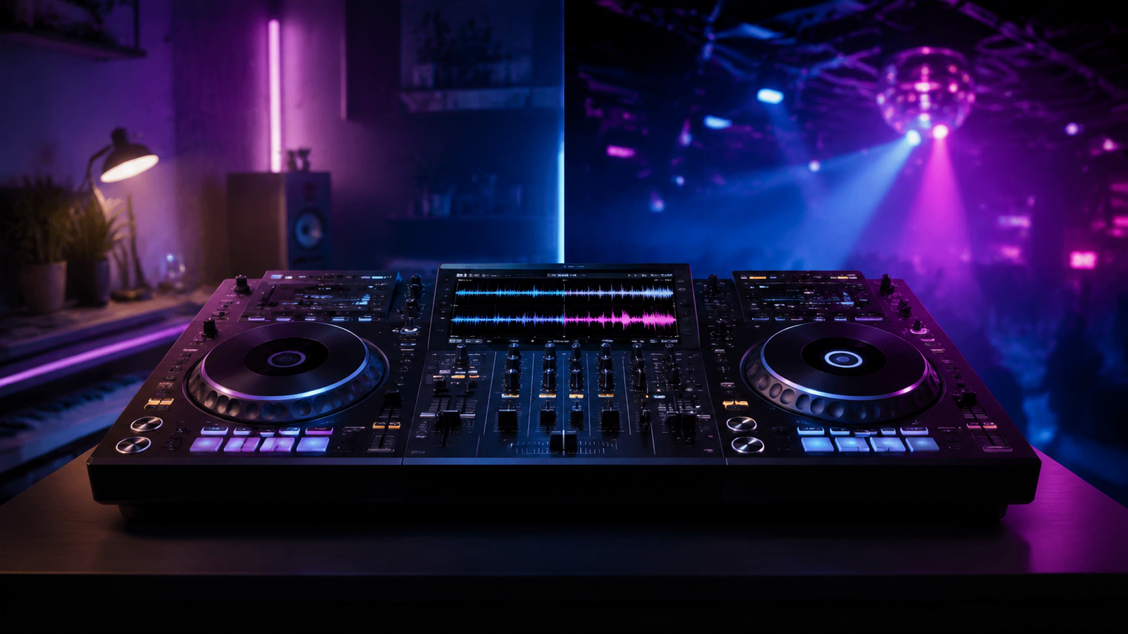 Sistema DJ all-in-one representado con dos platos y ondas de colores