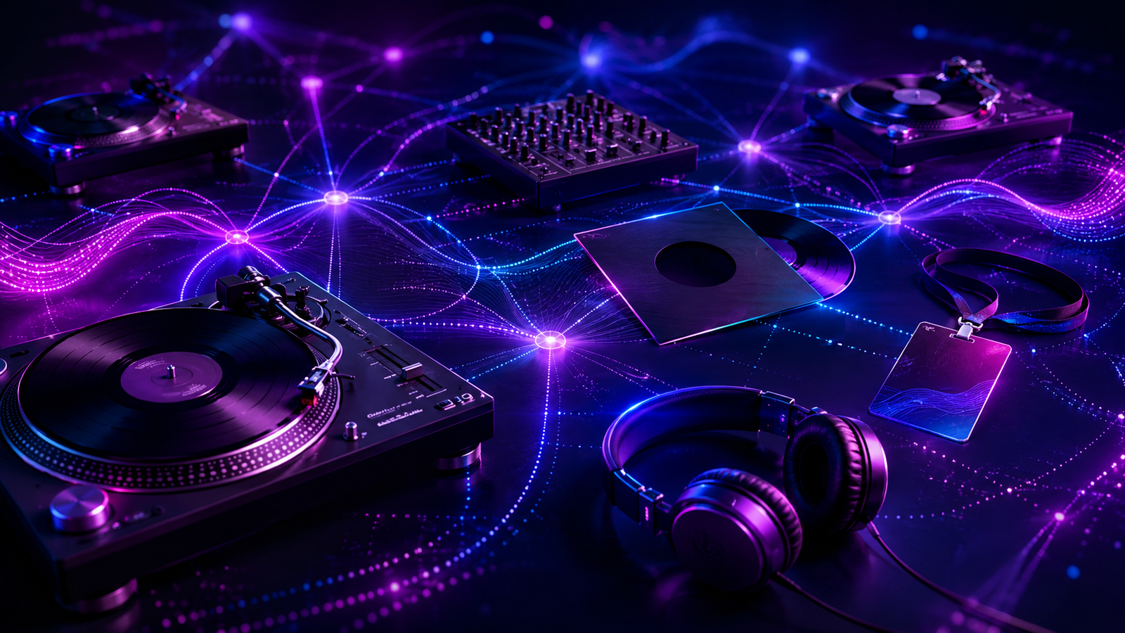 Logo de EscenaDJs rodeado de una comunidad conectada por ondas de sonido