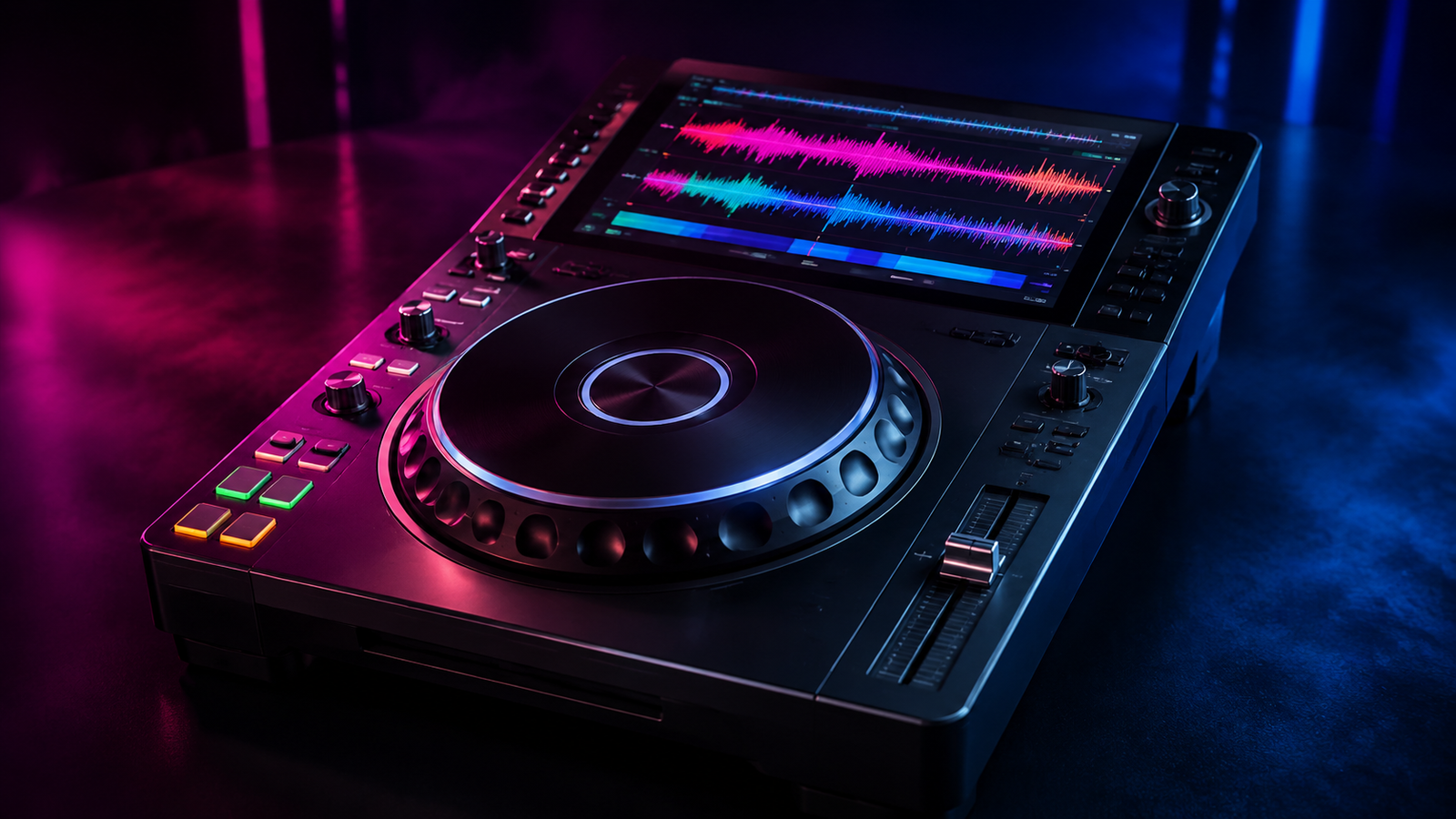 Ilustración editorial de un reproductor DJ con display de ondas