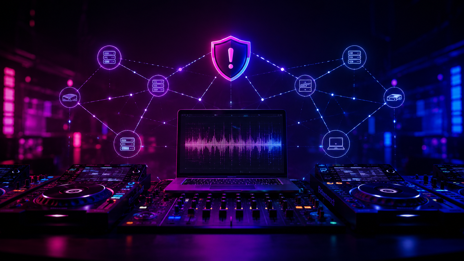 Red de cabina DJ representada con ondas y un símbolo de seguridad