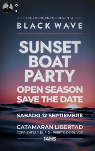 Flyer de Black Wave Sunset Boat Party, sábado 12 de septiembre en Catamarán Libertad, Olivos
